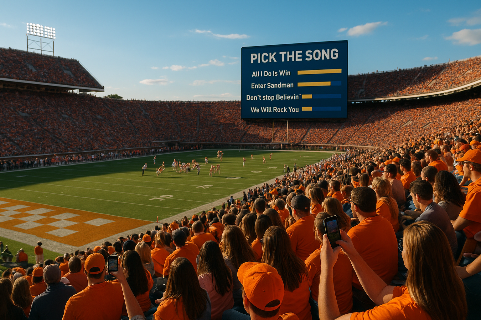 Fans playing digital games and voting in live polls on stadium screens during a timeout (2025)