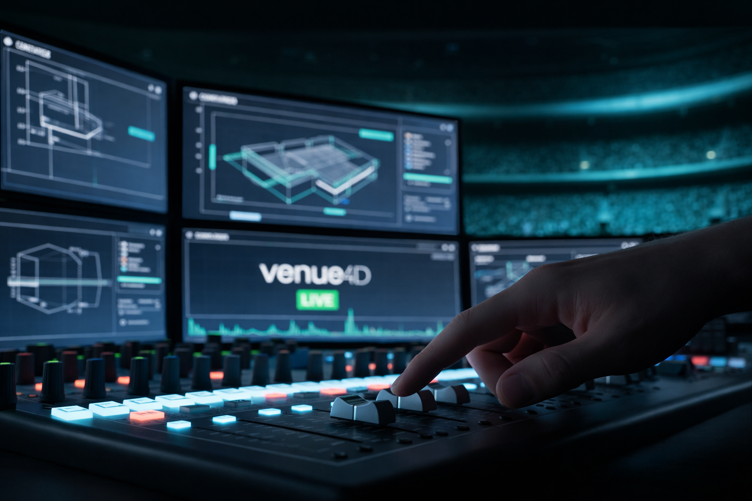 A close-up of an operator using venue4D software on a control panel to manage real-time graphics in a stadium control room.