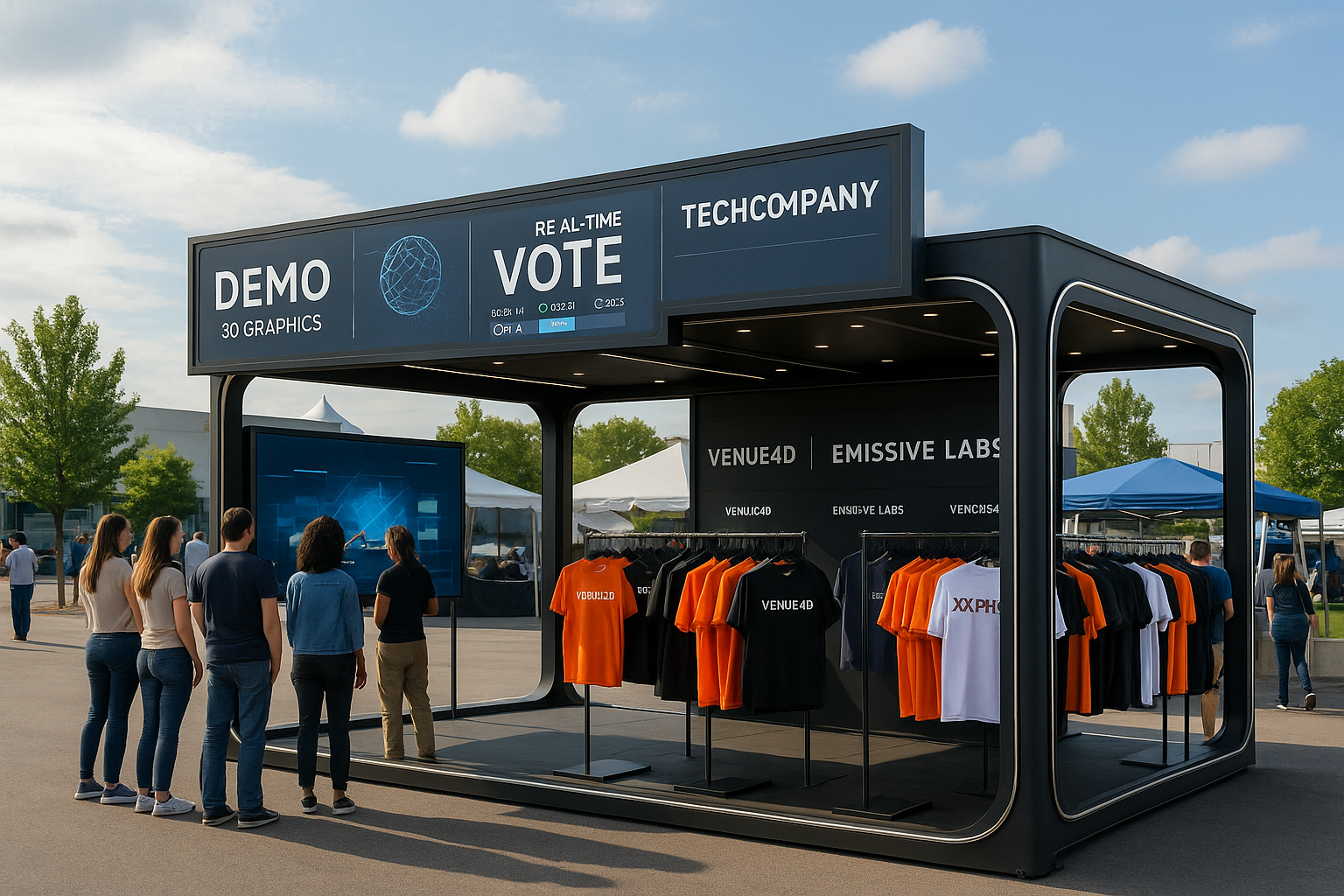 Photorealistic outdoor event scene showing a clean, modern setup with two branded booths: one interactive tech demo station featuring real-time voting displays and another merchandise booth showcasing co-branded sports apparel. The layout includes clear signage, attendees engaging with the demo, and bright daytime lighting for a professional event look.
