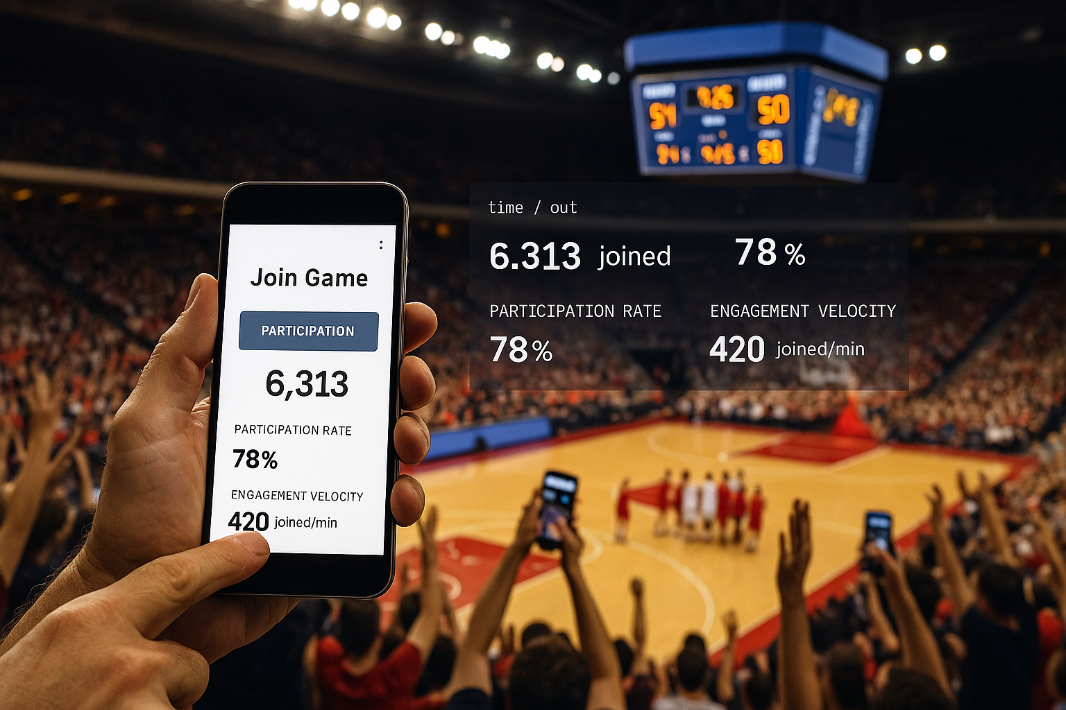 A packed college basketball arena during a timeout, with fans holding up their phones to join a live mobile game. In the foreground, a fan’s smartphone shows a “Join Game” dashboard displaying participation rate and engagement velocity, while the jumbotron above the court shows the game score and live participation stats in real time. Bright arena lighting and energetic crowd emphasize action in the moment.