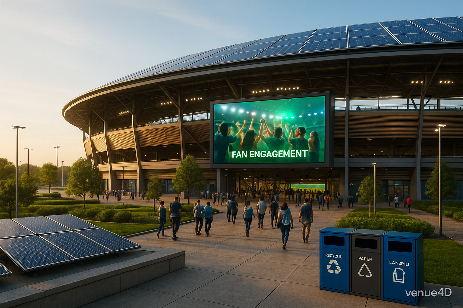 Modern sports stadium featuring solar panels, digital jumbotron showing “Fan Engagement,” and recycling stations, symbolizing sustainable and cost-efficient venue operations powered by venue4D™ technology.
