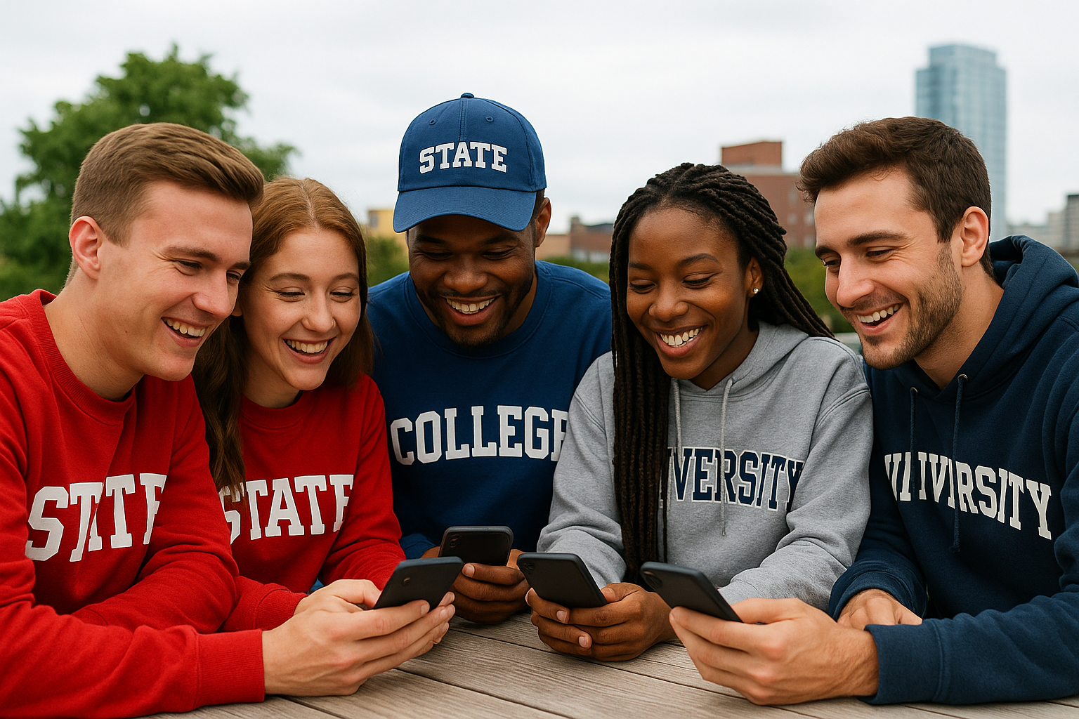 College fans in team colors holding smartphones and creating user generated content.
