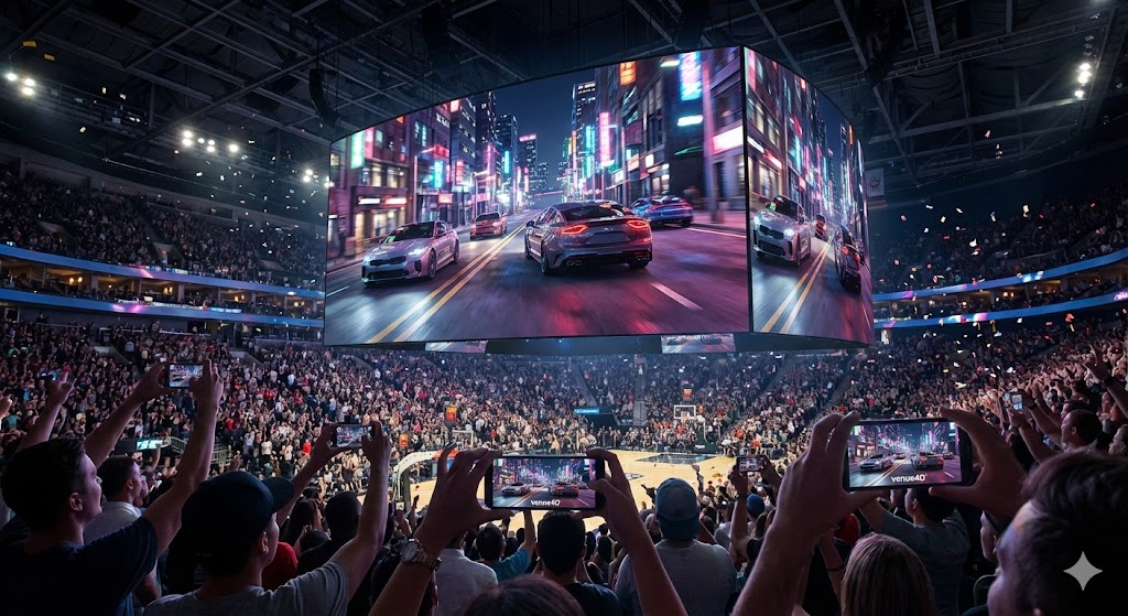 A wide-angle photograph inside a bustling sports arena, featuring a massive center-hung video board displaying a high-fidelity 3D urban street race with sports cars. Cheering fans fill the stands, holding up smartphones that mirror the race graphics from the main screen, highlighting interactive venue4D™ technology.