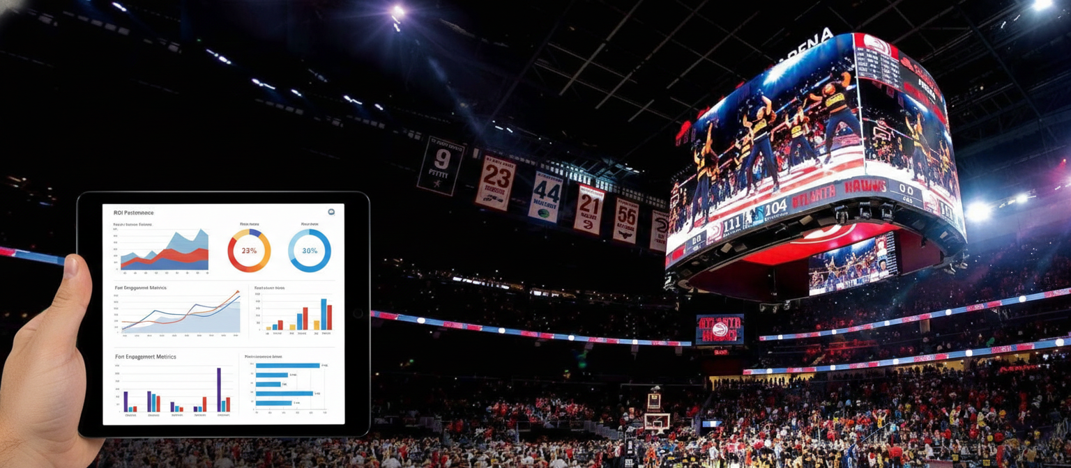 An in-context view shows a hand holding a tablet displaying an analytics dashboard with charts and graphs, set against a backdrop of a basketball game in progress within a crowded arena. The arena's large center-hung scoreboard shows live game action and scores, while banners hang from the ceiling above the stands packed with fans.