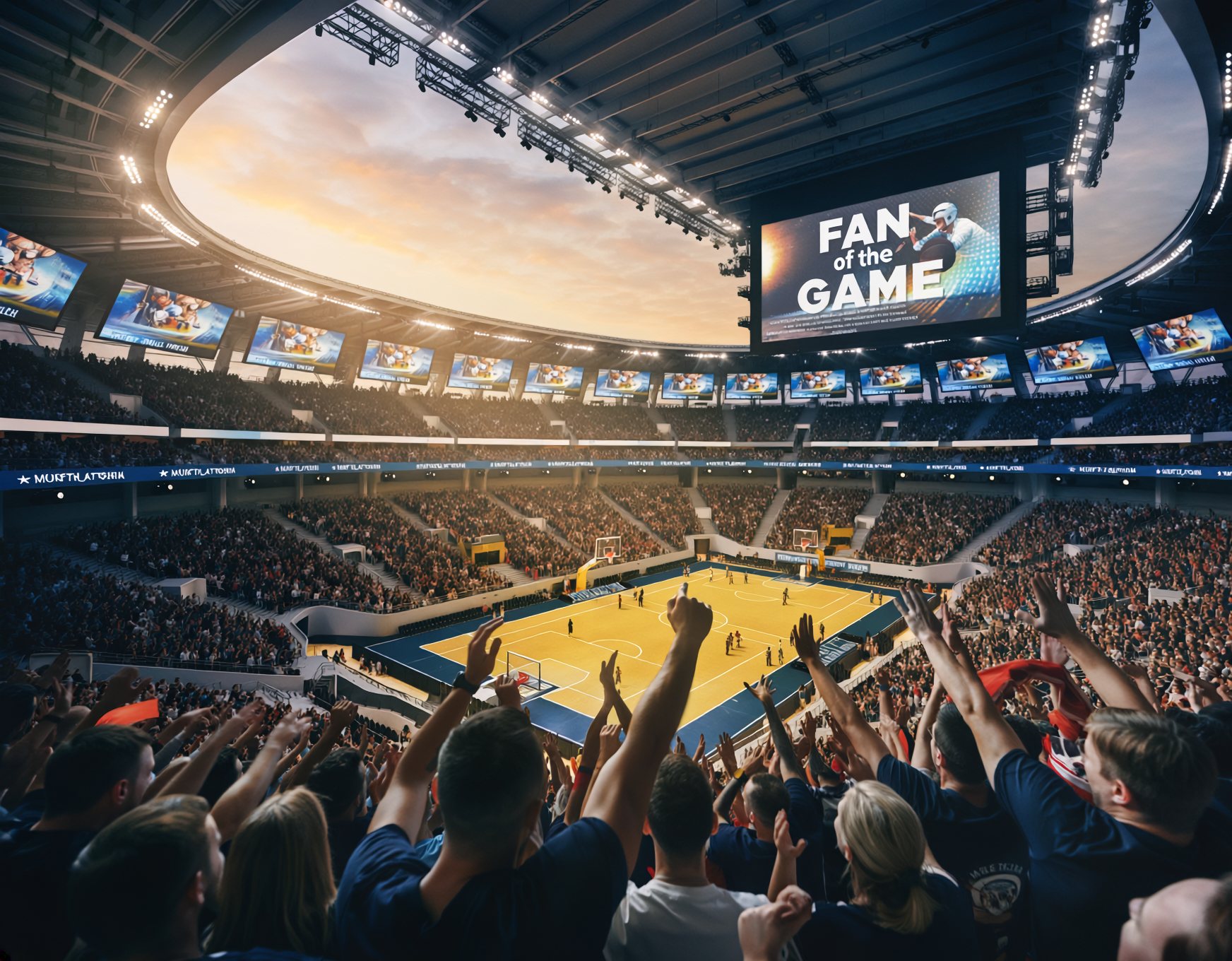 Packed basketball arena with fans cheering as “Fan of the Game” displays across the video boards, representing real-time gratitude messaging during a live game.