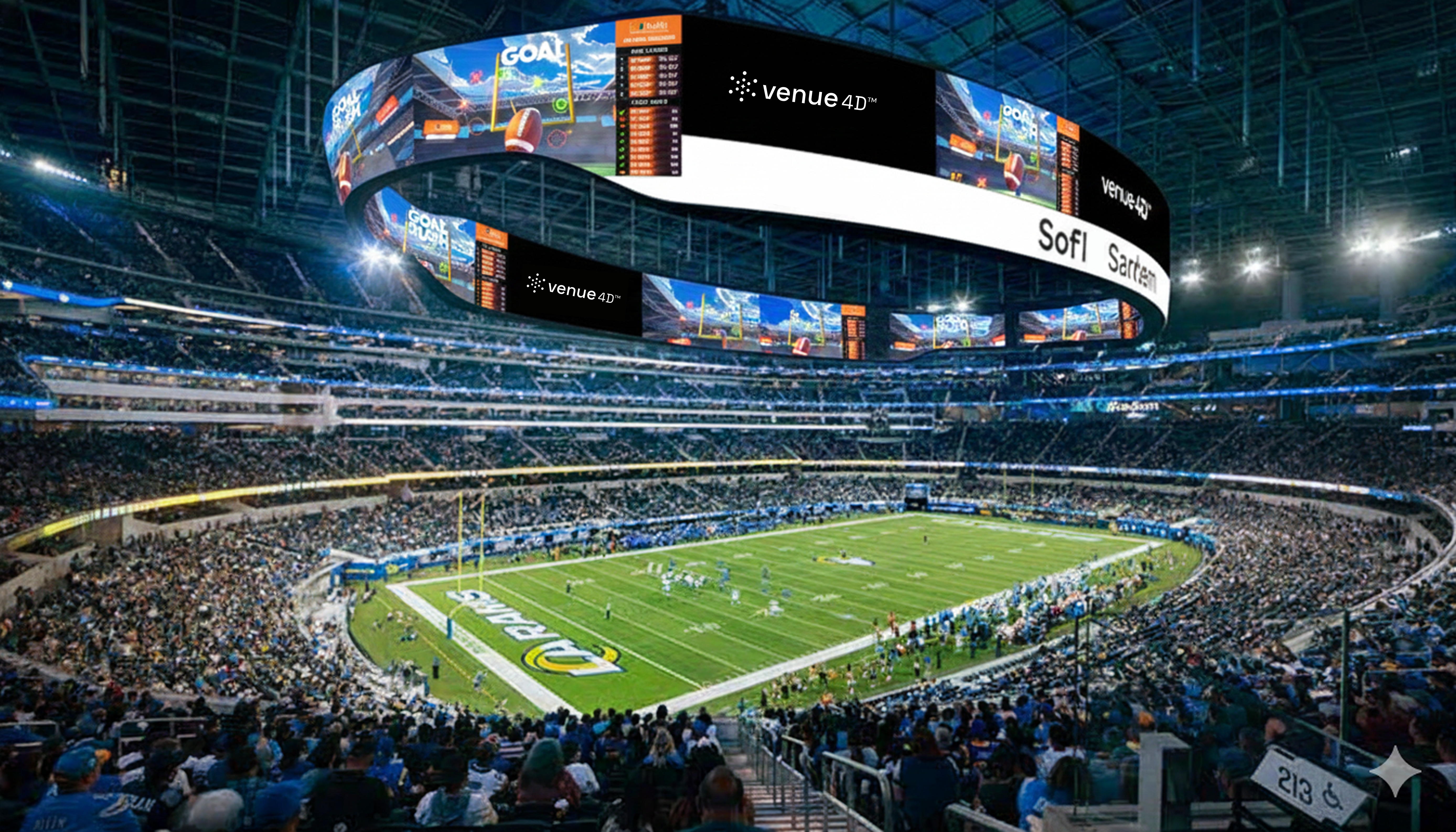 Packed football stadium at night with a 360-degree jumbotron displaying venue4D™ content and a “Goal Rush” game, fans cheering under bright field lights.