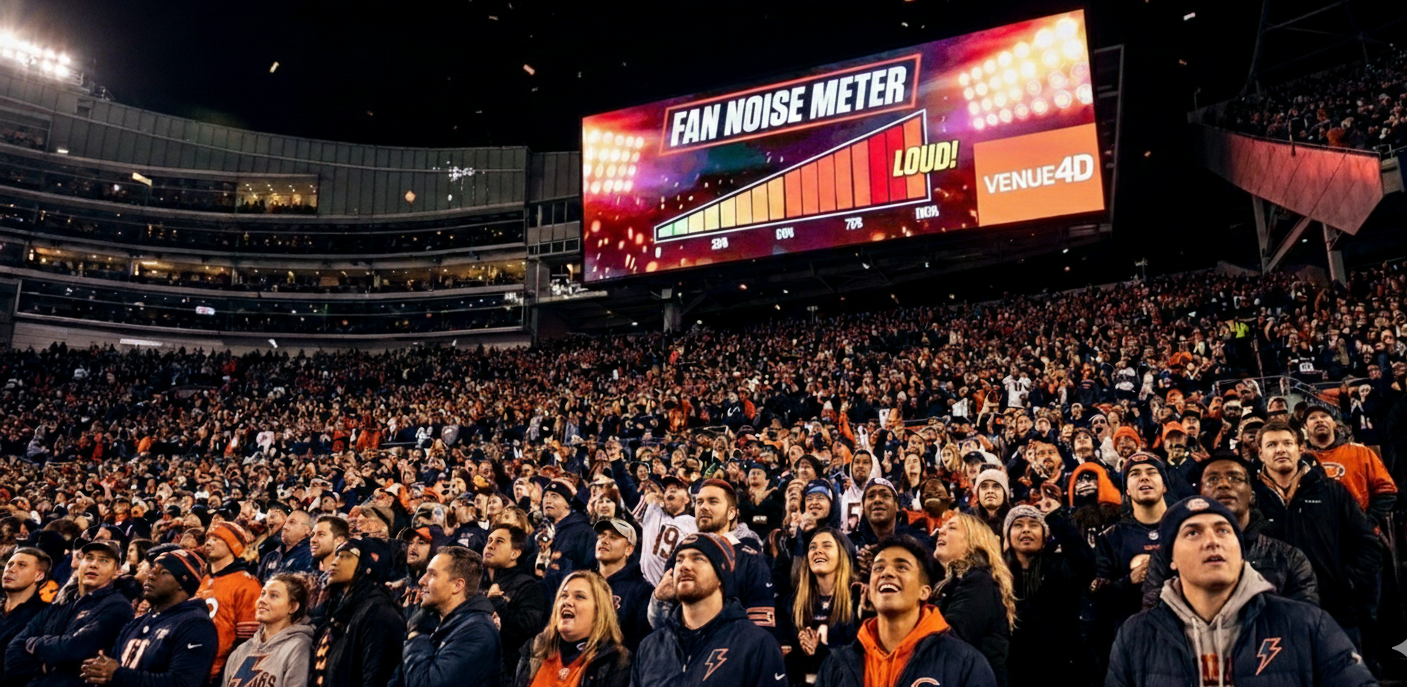A wide shot from within a massive stadium crowd at night, looking up towards the giant, glowing jumbotron. The diverse fans are cheering with excitement, their faces lit by the screen, which displays a colorful and dynamic "Noise Meter" for a sponsored interactive game. The image captures the energetic, electric atmosphere of a modern live sporting event focused on collective fan engagement.