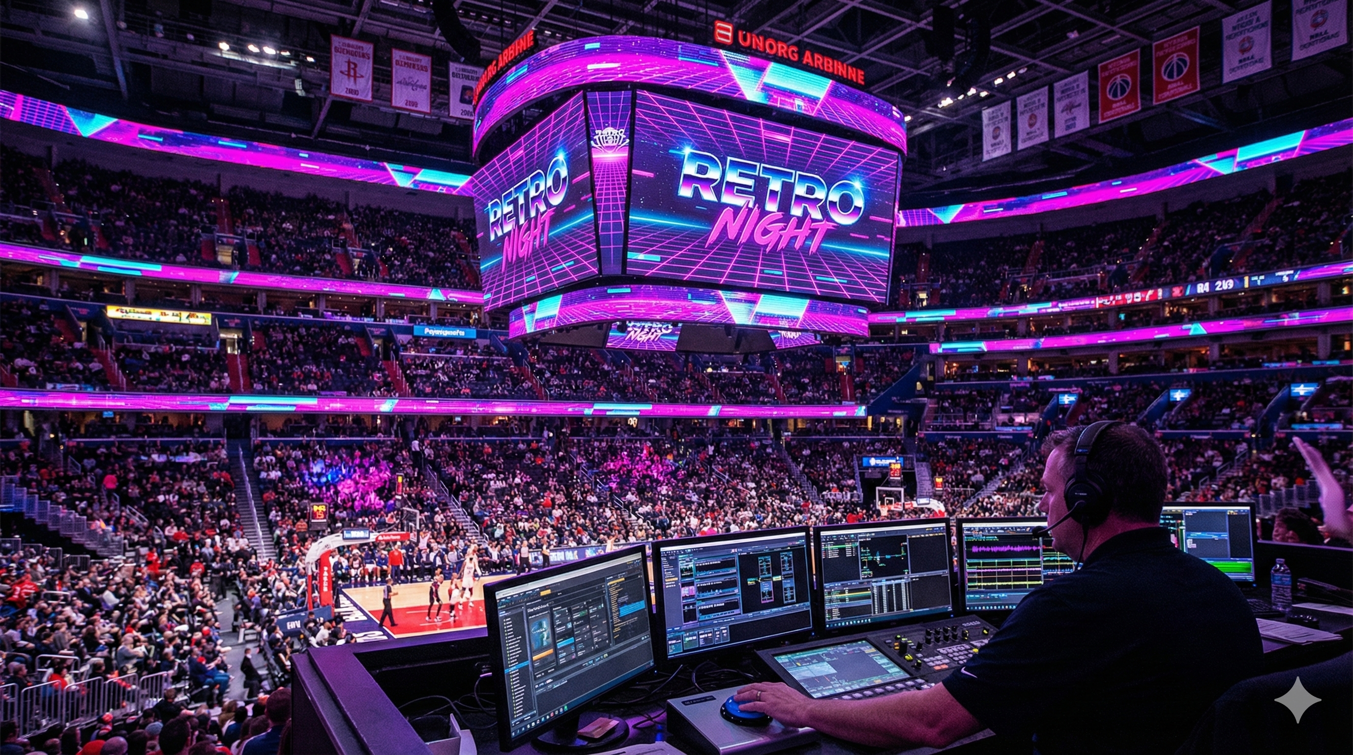 Stadium control room operator overlooking a crowded arena with a bright neon 'RETRO NIGHT' scoreboard theme.
