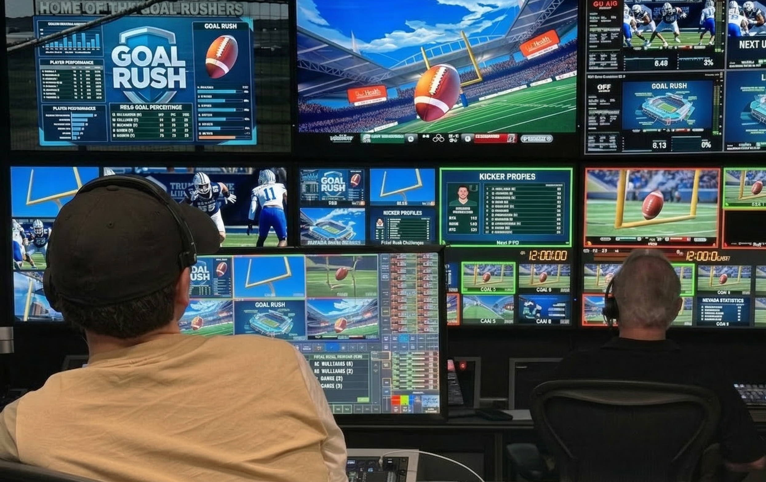 A wide shot of a futuristic sports venue command center, viewed from over the shoulders of operators at their stations. The expansive video wall in front of them is divided into multiple panels, showing live game action alongside real-time data visualizations, heatmaps, and graphic templates. The cool glow from the screens illuminates the focused team, representing a shift to dynamic, data-driven control over the in-venue experience.