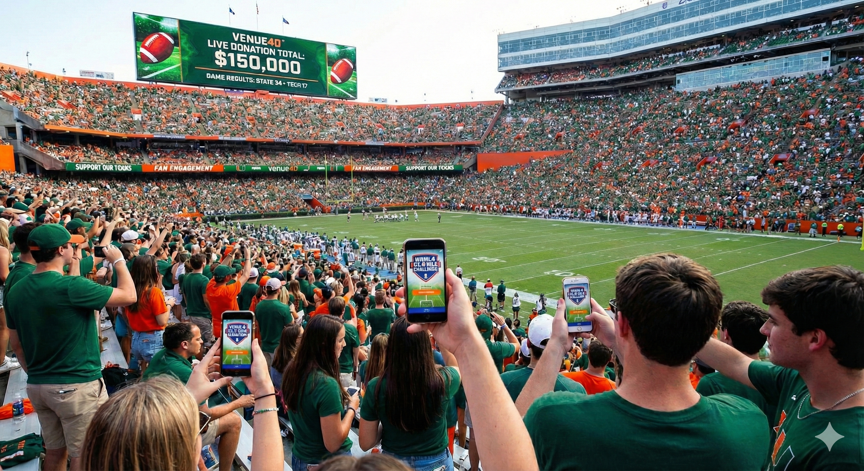 Fans in a packed football stadium holding up their phones while participating in a venue4D™ Field Goal Challenge, with the main video board showing a live donation total and game results during a timeout.