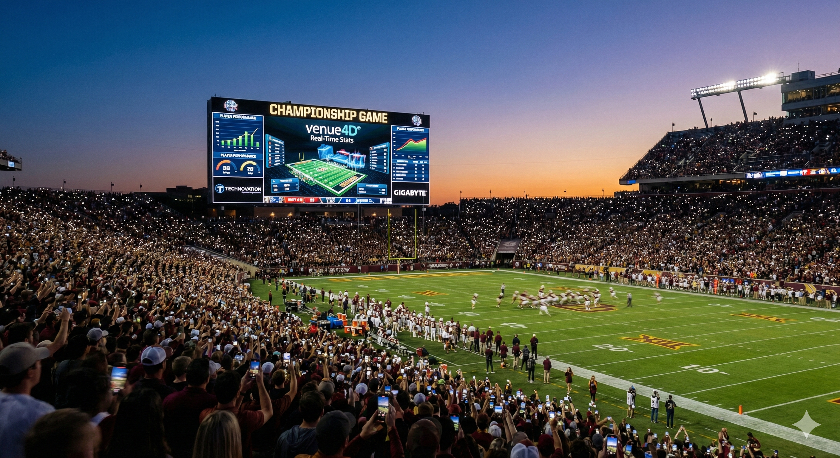 Packed college football stadium at twilight with a large video board displaying venue4D® real-time 3D statistics and graphics during a championship game.