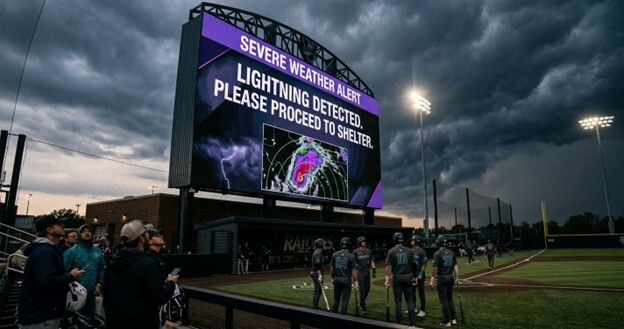 A low-angle photo of a massive jumbotron in a college baseball stadium under a dark, stormy sky at dusk. The screen displays a "SEVERE WEATHER ALERT" message in white and purple text, which reads "LIGHTNING DETECTED. PLEASE PROCEED TO SHELTER."  A weather radar map is also visible. Below the screen, fans look up with concern, and on the field, players in generic uniforms have stopped play and are looking towards their dugout. The scene is dramatically lit by the stadium lights, creating a tense atmosphere.