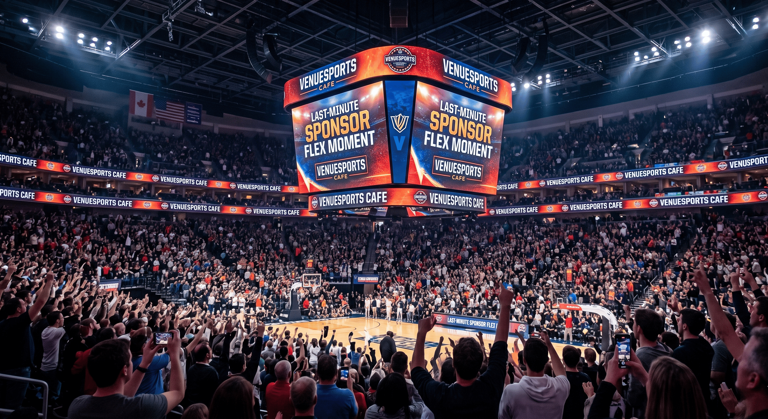 A large, crowded indoor sports arena, likely for basketball, filled with a massive audience cheering with their arms raised. A giant, multi-sided LED jumbotron hangs from the center of the ceiling, prominently displaying the text "LAST-MINUTE SPONSOR FLEX MOMENT" and "VENUESPORTS CAFE" against a fiery orange and blue background. Digital ribbon boards encircling the arena levels also display the "VENUESPORTS CAFE" branding. The atmosphere is energetic and bright, with many fans holding up smartphones to capture the scene.