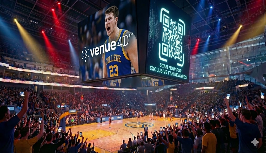 A wide-angle view inside a packed basketball arena during a game, with dramatic red, blue, and gold lighting. The massive center-hung scoreboard is the focal point, split into two screens. The left screen shows a large photo of a screaming basketball player in a "COLLEGE STATE" jersey with the white "venue 4D™" logo. The right screen displays a large, glowing teal QR code above the white text "SCAN NOW FOR EXCLUSIVE FAN REWARDS!". Thousands of fans in the stands are cheering, many with arms raised and phones out, looking up at the screen. Players are active on the basketball court below.