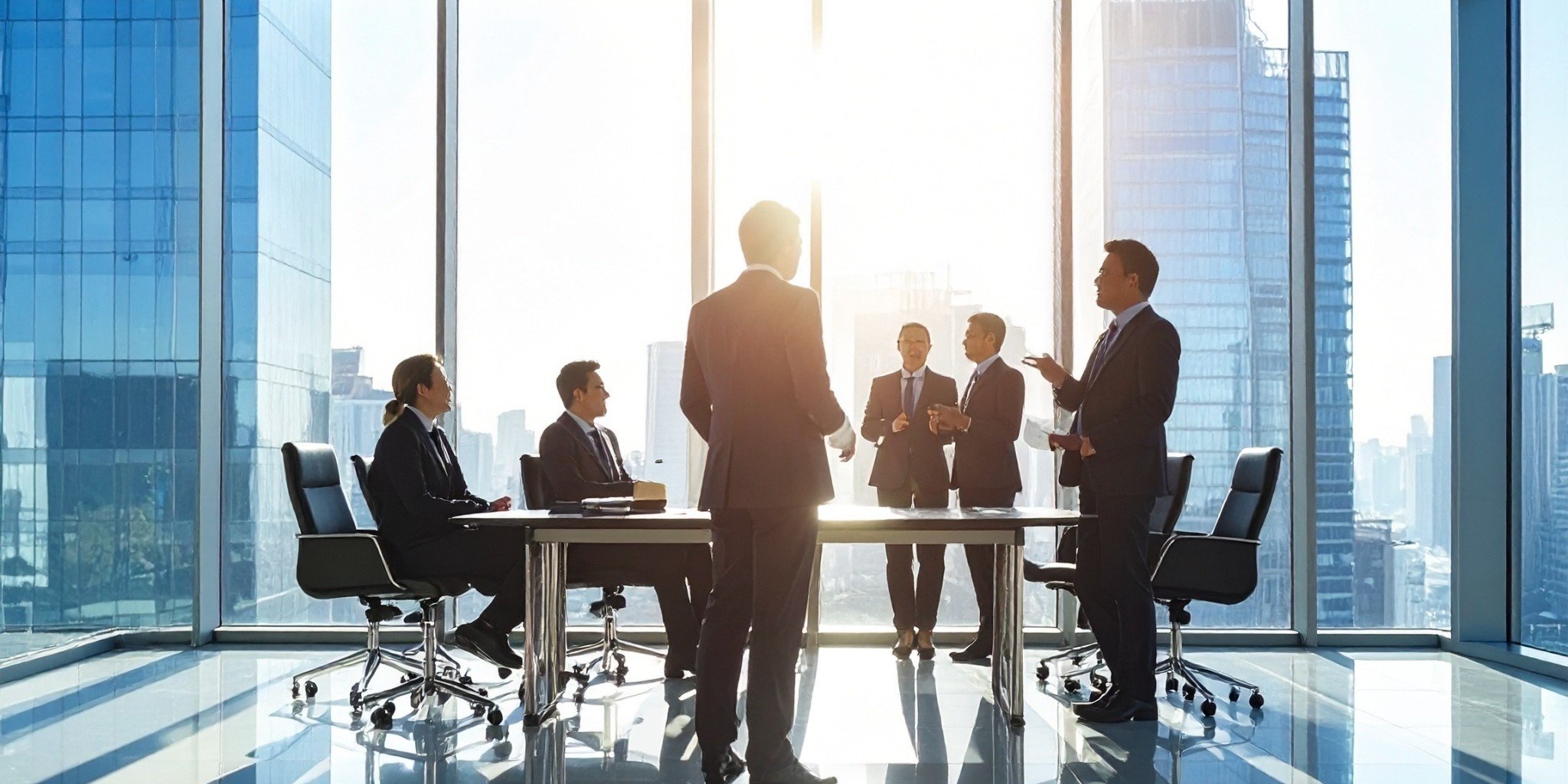 Executive team meeting in a sunlit, glass-walled conference room with a city skyline in the background; silhouettes and reflections on a polished floor.