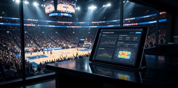 A modern tablet sits on a desk in a dark, elevated control room, displaying colorful graphs and data visualizations for sports marketing analytics. Through the window, a bright, energetic basketball game is in progress below, slightly blurred to emphasize the technology in the foreground. The image represents using data-driven insights to manage fan engagement and venue operations during a live event.