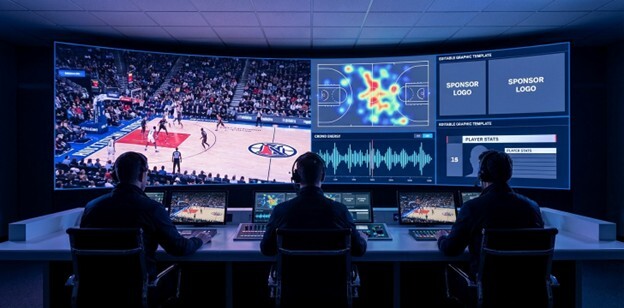 A wide shot of a futuristic sports venue command center, viewed from over the shoulders of operators at their stations. The expansive video wall in front of them is divided into multiple panels, showing live game action alongside real-time data visualizations, heatmaps, and graphic templates. The cool glow from the screens illuminates the focused team, representing a shift to dynamic, data-driven control over the in-venue experience.