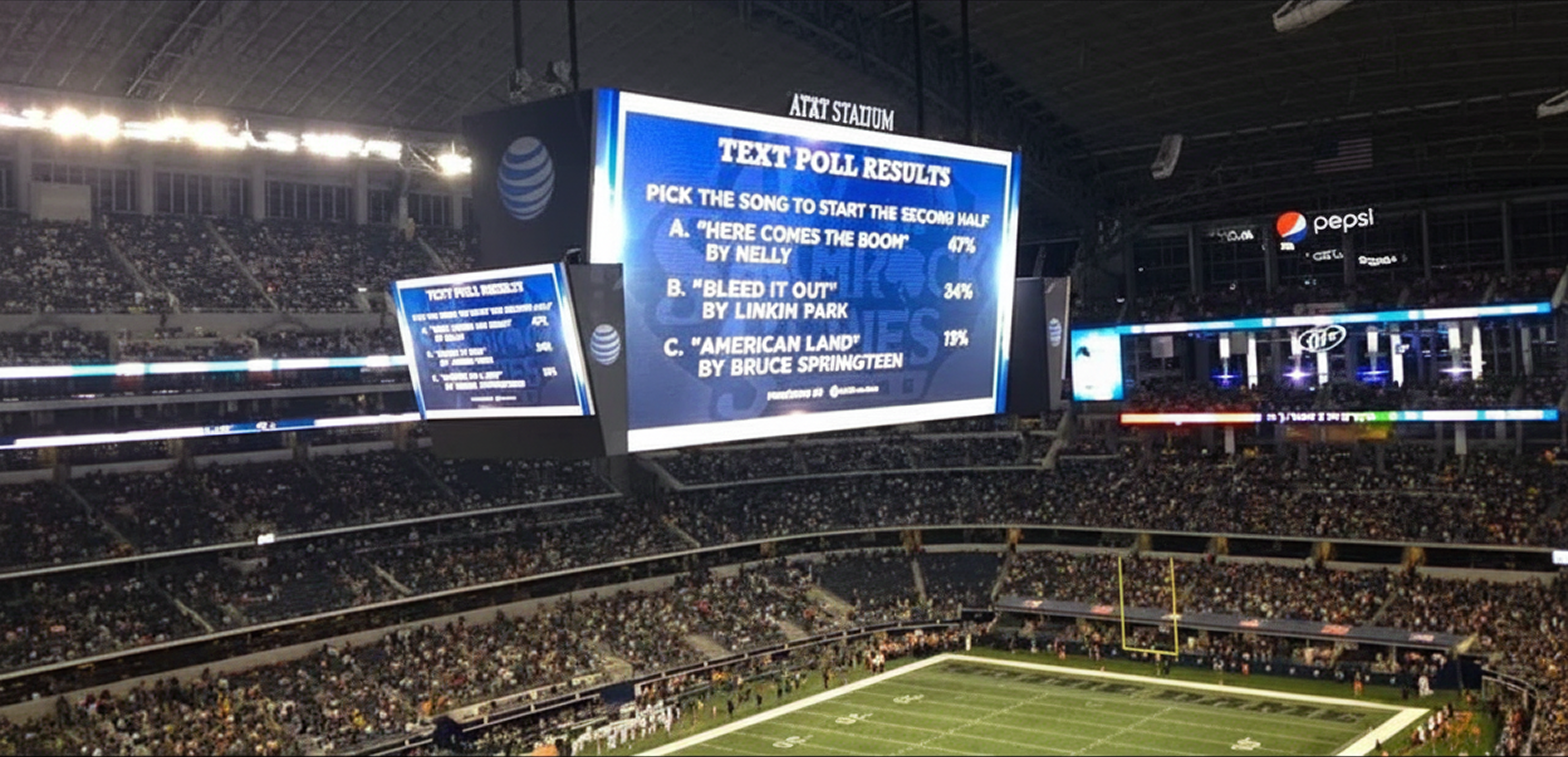 Stadium jumbotron showing a live polling game with fan responses during a break in play.