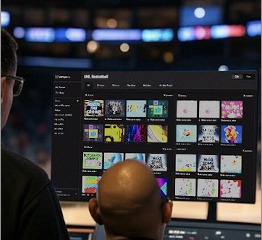Two staff members monitor a digital content management screen in a sports venue, selecting graphics and animations for in-game fan engagement.
