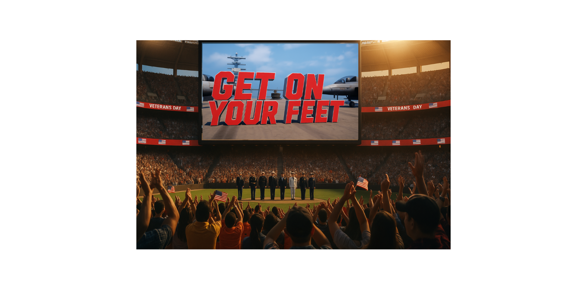 Veterans Day crowd stands and waves flags as “GET ON YOUR FEET” shines on the scoreboard powered by venue4D™.