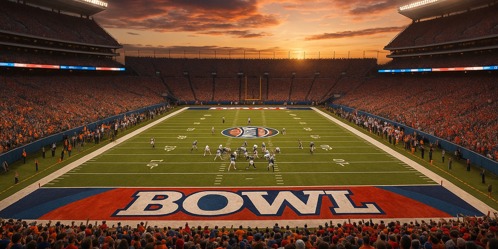College bowl crowd at sunset as players line up; vivid end-zone paint and midfield bowl logo highlight the special-event atmosphere.
