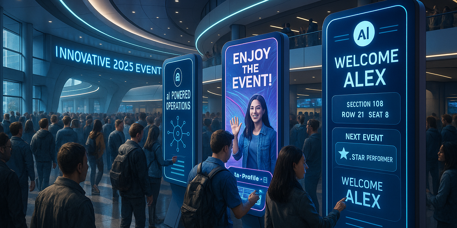 Crowd at a futuristic 2025 event with AI-powered digital screens and personalized fan experiences.