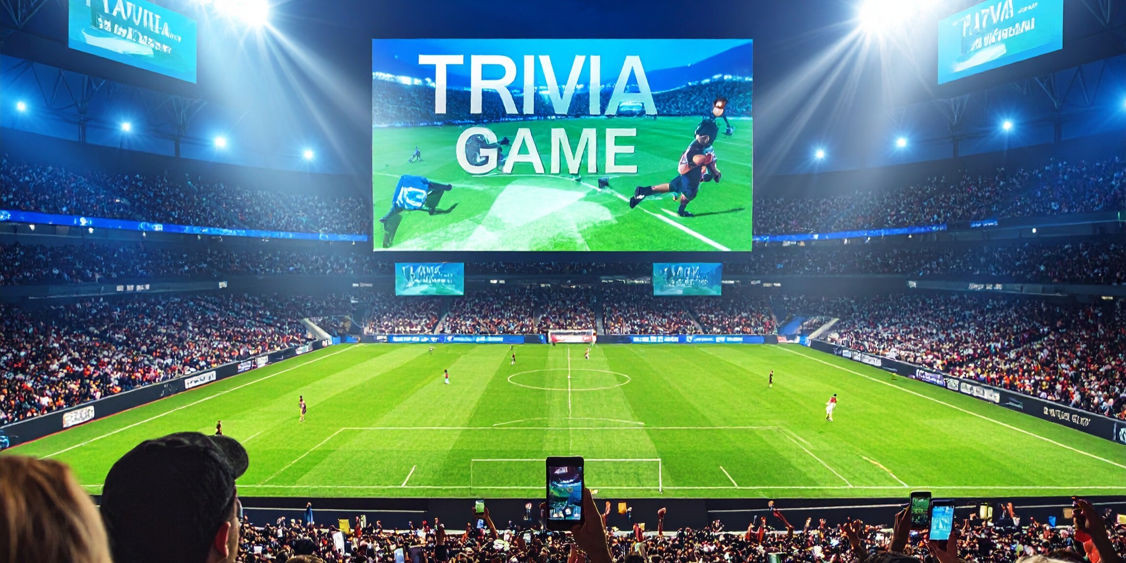 Crowd in a packed stadium holds up phones while a sponsor-branded jumbotron displays a live trivia game, illustrating mobile-to-jumbotron interactivity.