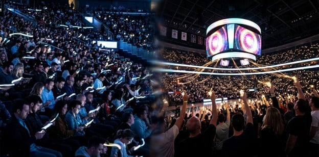 A panoramic photo of a basketball arena contrasting two fan experiences. On the left, fans are disconnected, looking down at their brightly lit phones. On the right, the same crowd is united, holding their phones up to participate in a synchronized light show that connects to a dynamic display on the venue's large central screen. The image powerfully illustrates the technological shift from individual screen time to a collective, interactive fan event.