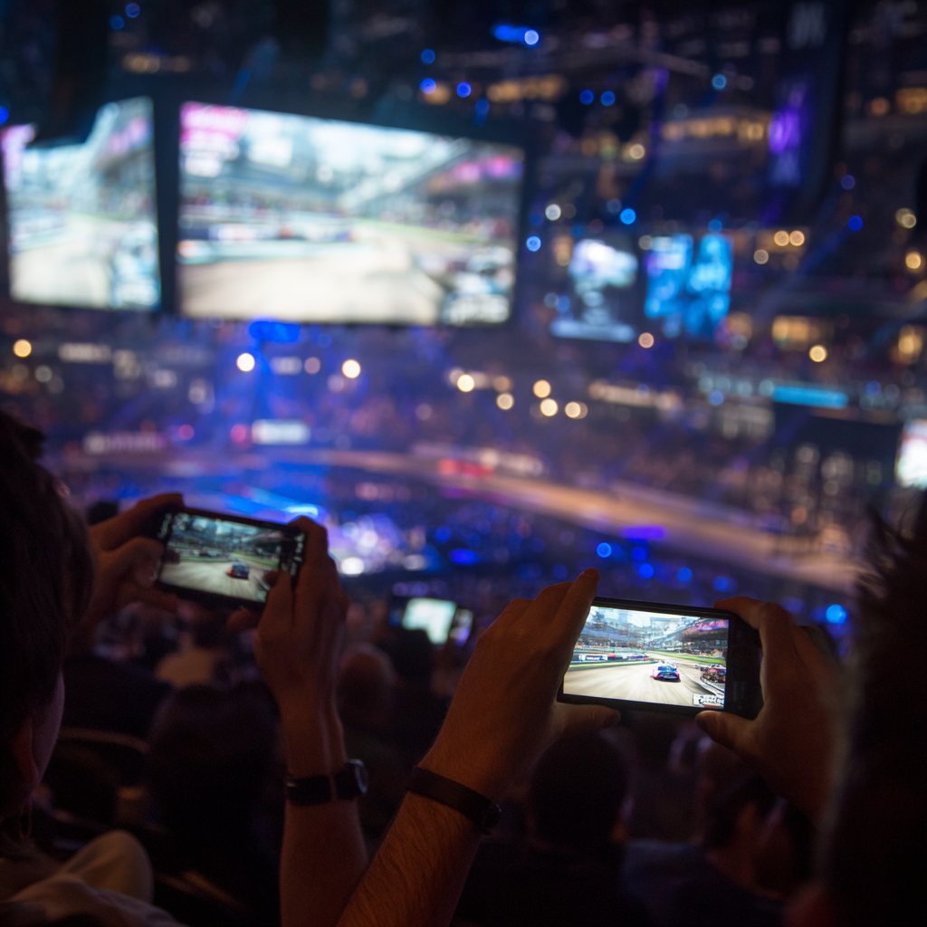 Image of two fans in a stadium holding smartphones while engaging with interactive content displayed on the jumbotron.
