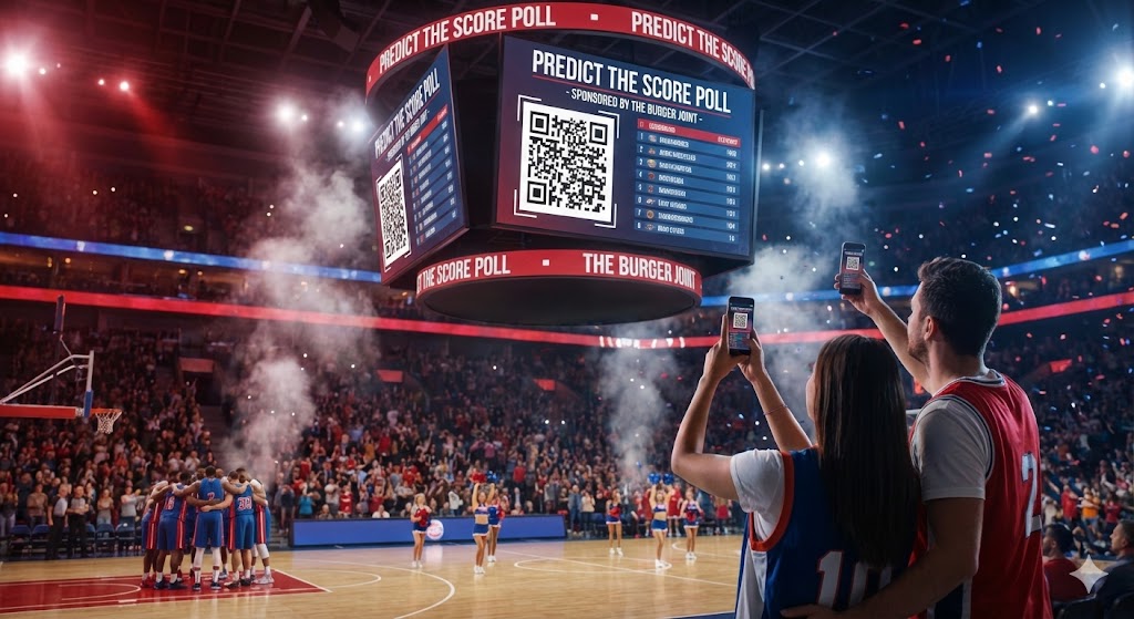 A vibrant indoor arena scene during a basketball timeout, focusing on a massive center-hung scoreboard displaying a local restaurant sponsor's interactive 'Predict the Score' poll. A couple of fans in the foreground are excitedly holding up smartphones to scan a large QR code on the screen. 